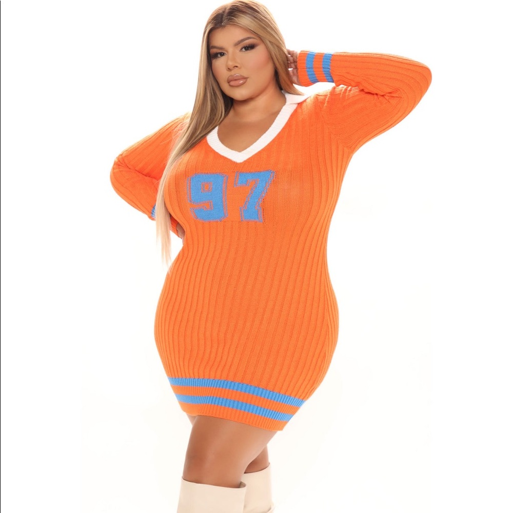 Fashion Nova Winner 97 Sweater Mini Dress - Orange Blue Plus 3x NWT athleisure